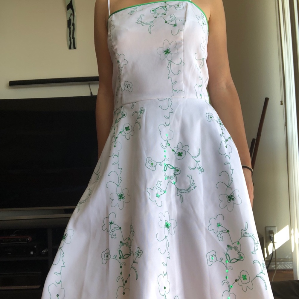 Vintage White Green Stitch Detail Dress 50s